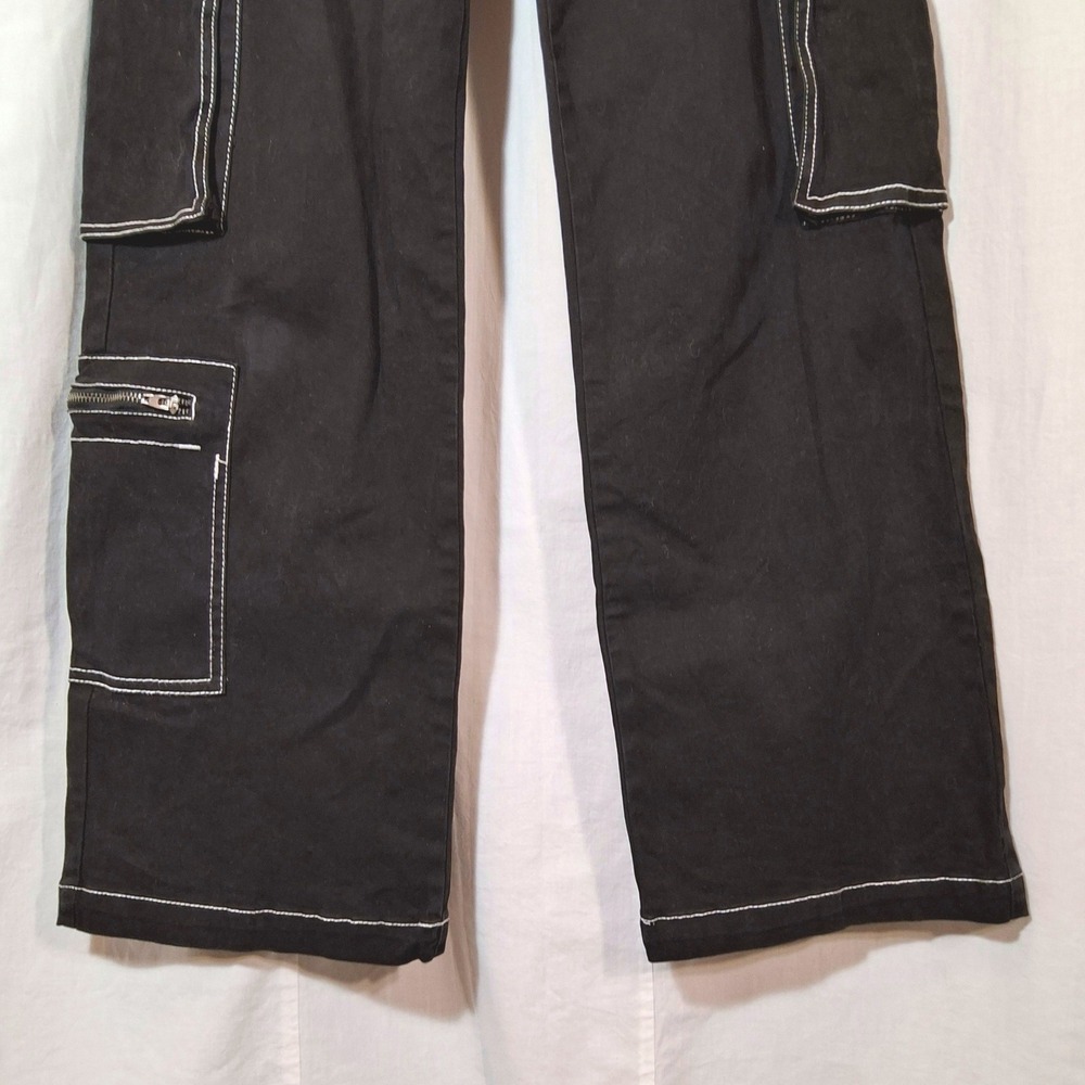 Vtg Hot Kiss Cargo Pants Jrs 7 Black Contrast Stitch Wide Leg Y2K Utility Grunge - Picture 3 of 8